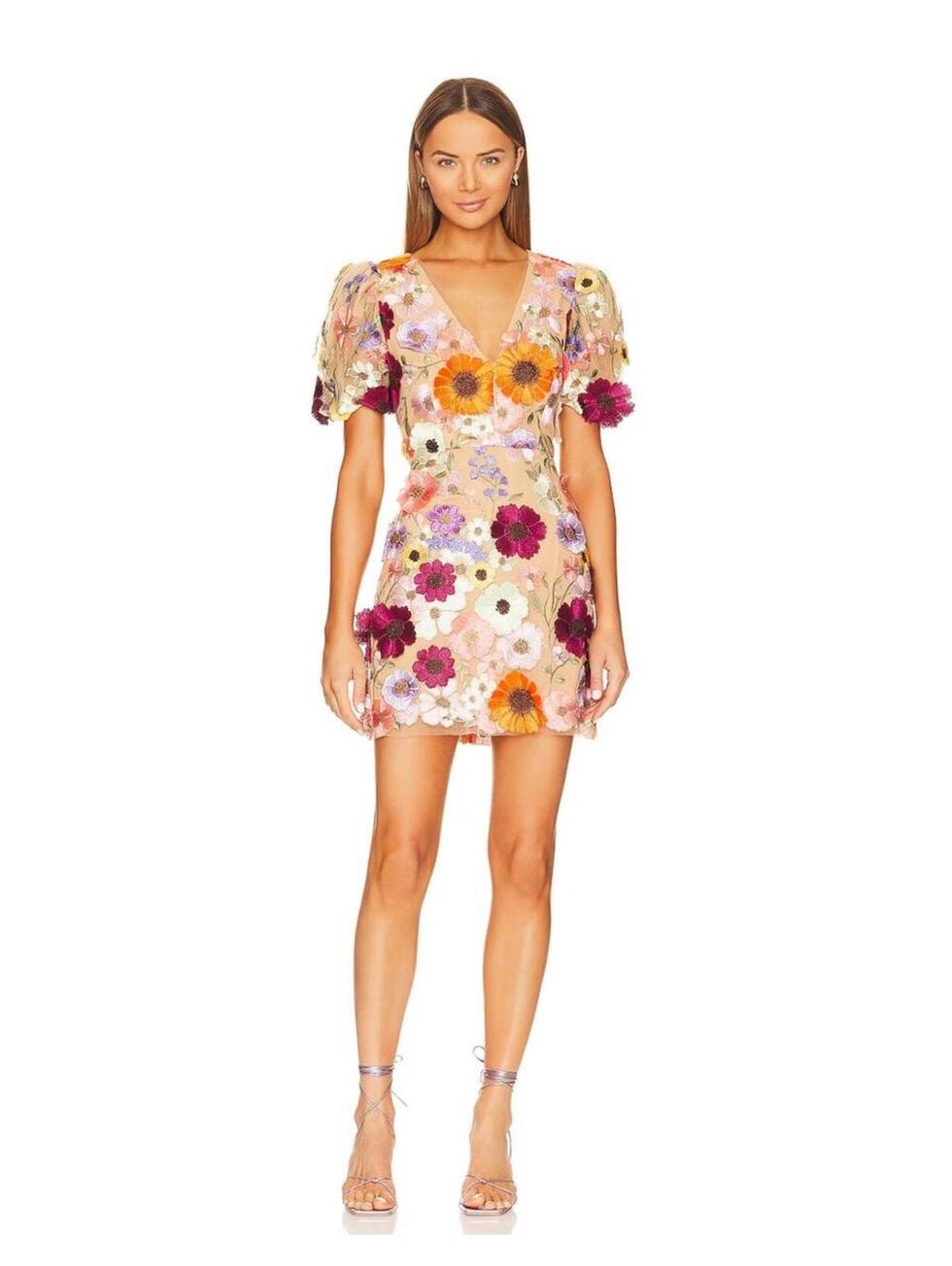 Nwot Elliatt Rosalind Floral 3d Puff Sleeve Mini Dress Medium Garden Party